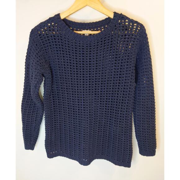 LL BEAN SIGNATURE Navy Open Knit Cotton Sweater Pullover Crochet Style XS - Picture 1 of 7